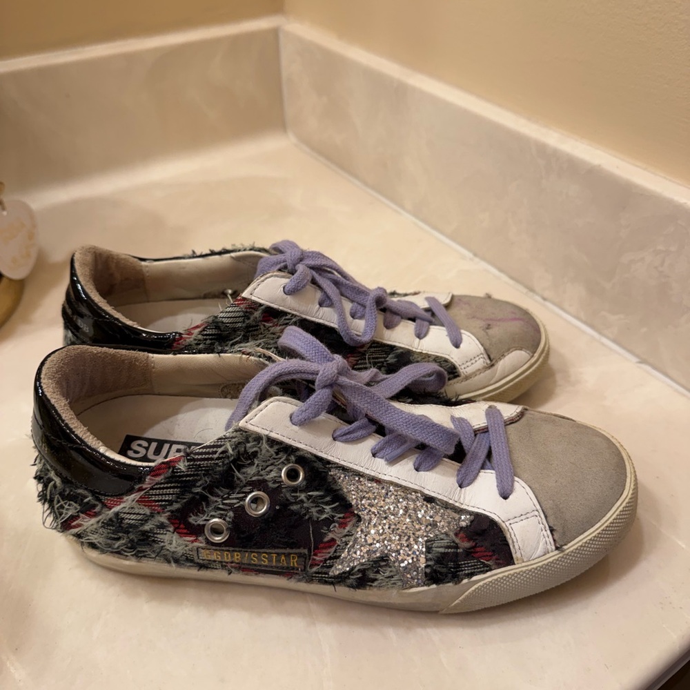 Golden Goose Plaid Fabric Sneakers with Purple Laces
